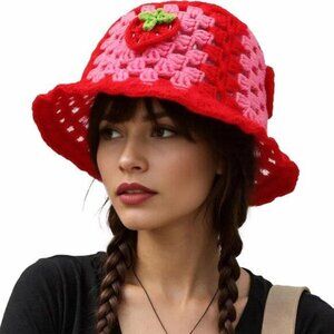 Strawberry Hat Crochet Hats for Women Floral Bucket Hat Foldable Cute Pink Beret